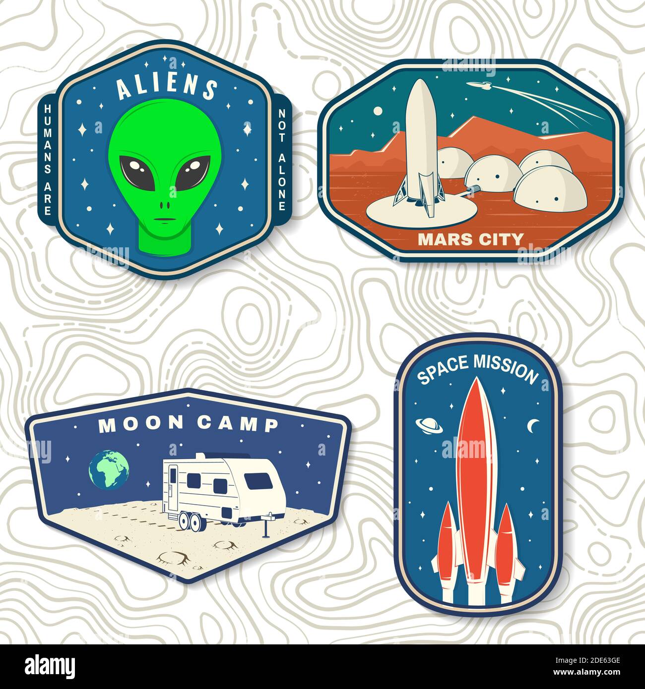 Set di logo missione spaziale, badge, patch. Concetto di illustrazione vettoriale per camicia, stampa, timbro. Design tipografico d'epoca con razzo spaziale, alieno, Mars City, camper sulla luna e silhouette della terra Illustrazione Vettoriale
