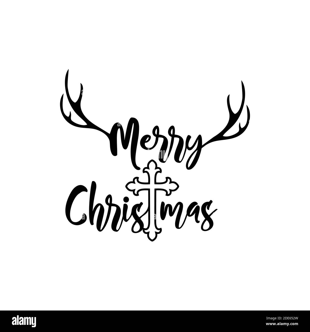 Un'illustrazione vettoriale di Merry Christmas Vector Sign con Antlers Cervi di colore bianco e nero Illustrazione Vettoriale