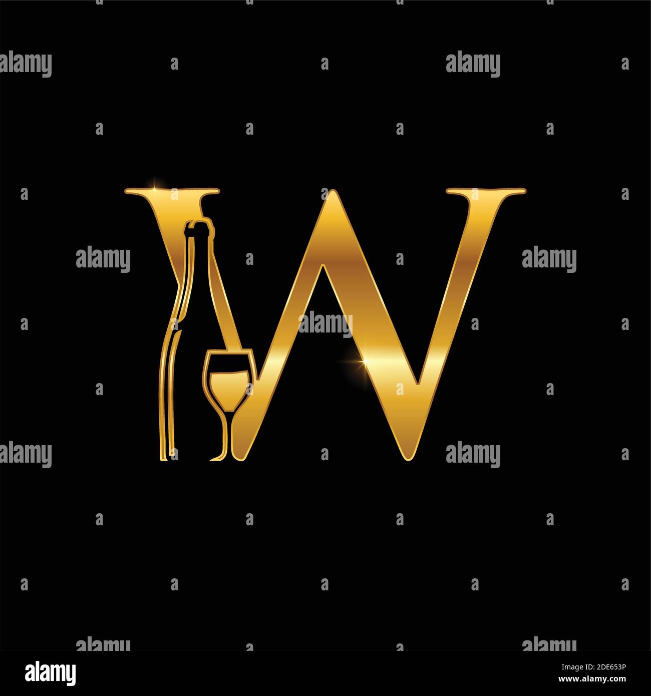 Un'illustrazione vettoriale della bottiglia di vino d'oro e del monogramma di vetro Lettera iniziale W Illustrazione Vettoriale