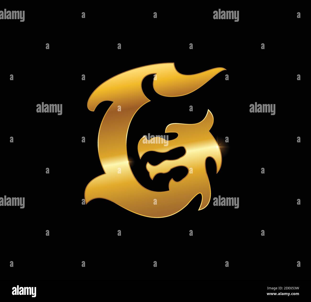 Un vettore di Golden Dragon Monogram Letter G in nero sfondo Illustrazione Vettoriale