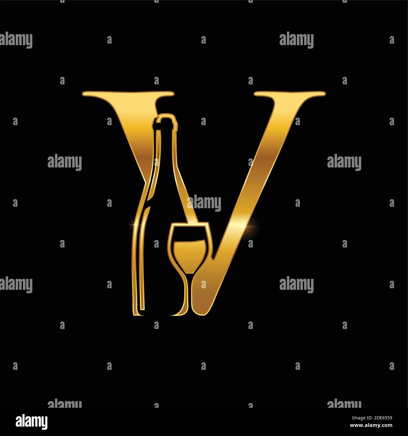Un'illustrazione vettoriale della bottiglia di vino d'oro e del monogramma di vetro Lettera V Logo Illustrazione Vettoriale