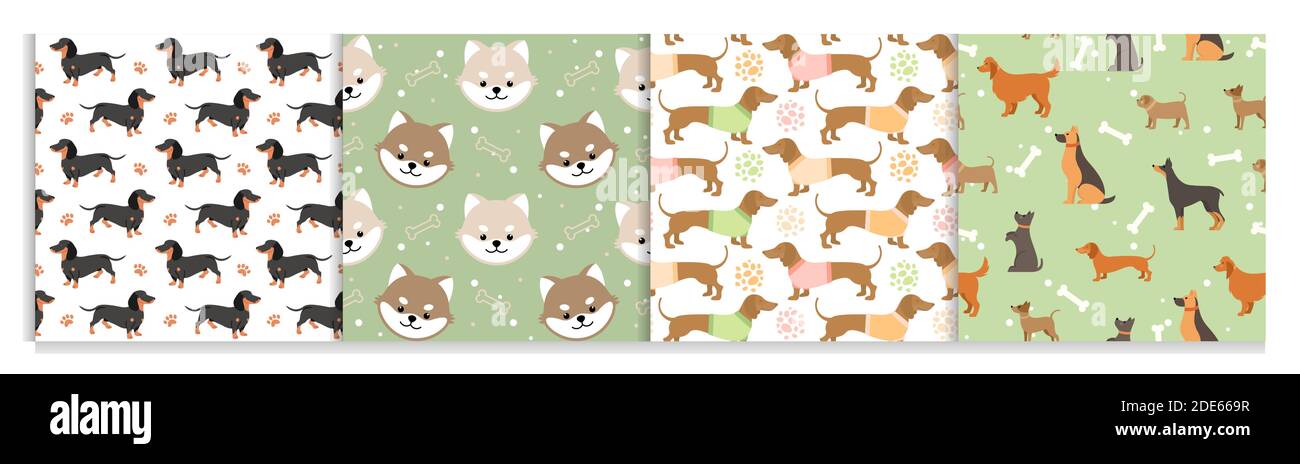 Illustrazioni vettoriali senza cuciture di modelli di animali da compagnia. Cartoon cute piatto sfondo animale set con nero marrone doggy o divertente cucciolo faccia, zampa impronta e. Illustrazione Vettoriale