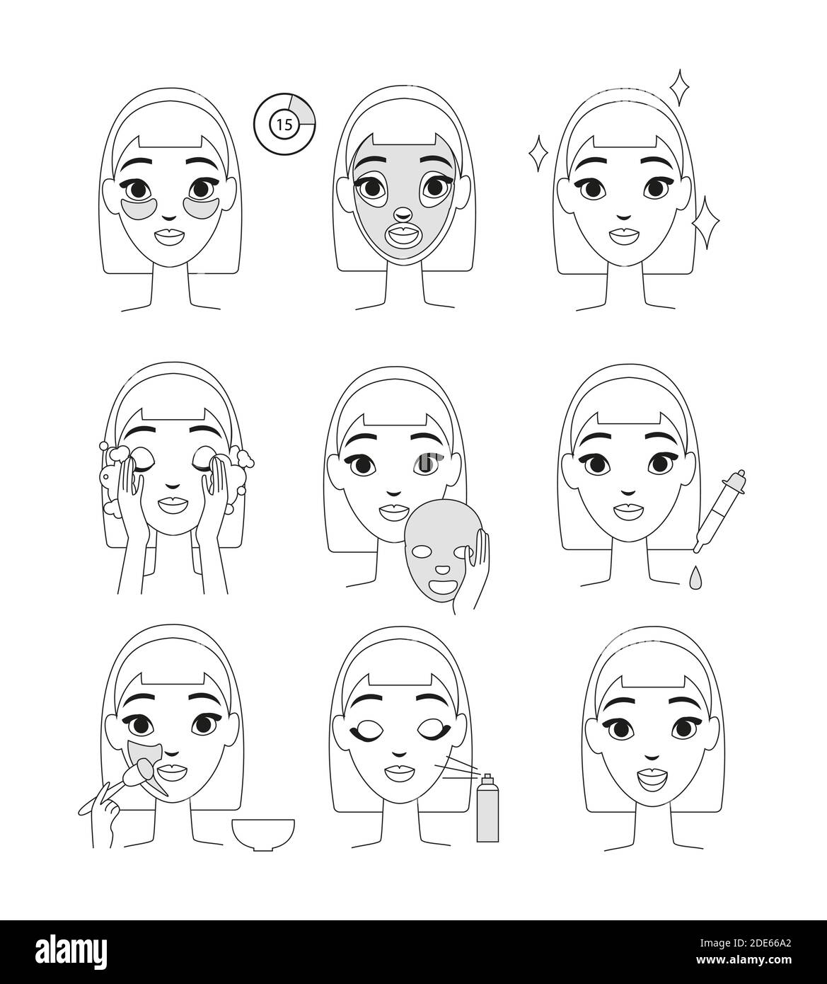 Illustrazione vettoriale delle istruzioni per l'uso della maschera cosmetica. Giovane donna che fa le procedure di bellezza impostate, lo stile della linea si isola su sfondo bianco. Illustrazione Vettoriale