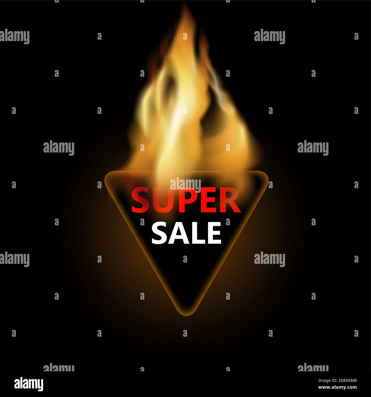 Super vendita, badge triangolare nel fuoco per lo sconto promozionale. Illustrazione che brucia super vendita, prezzo bruciare, vettore di shopping speciale Illustrazione Vettoriale