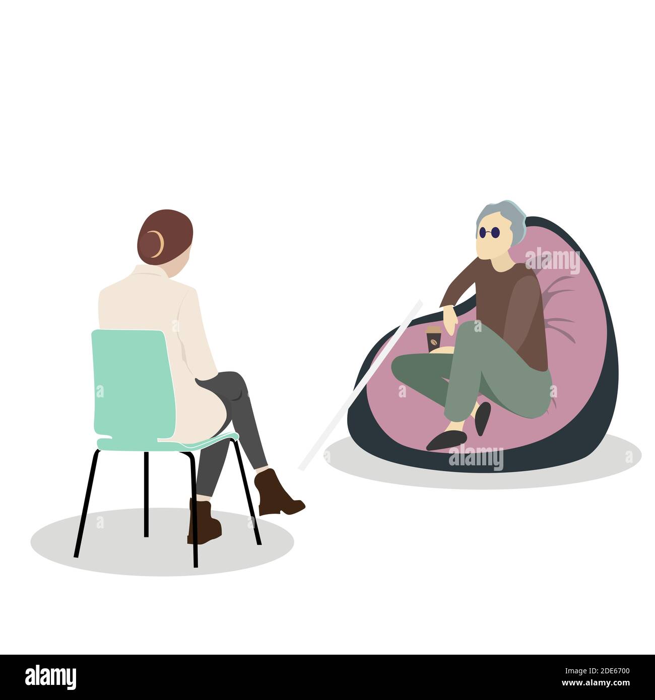 Riabilitazione psicologica dei disabili. L'uomo cieco visita la psicoterapia. Consulenza e assistenza vettoriale, assistenza sanitaria per disabili, recupero AFT Illustrazione Vettoriale