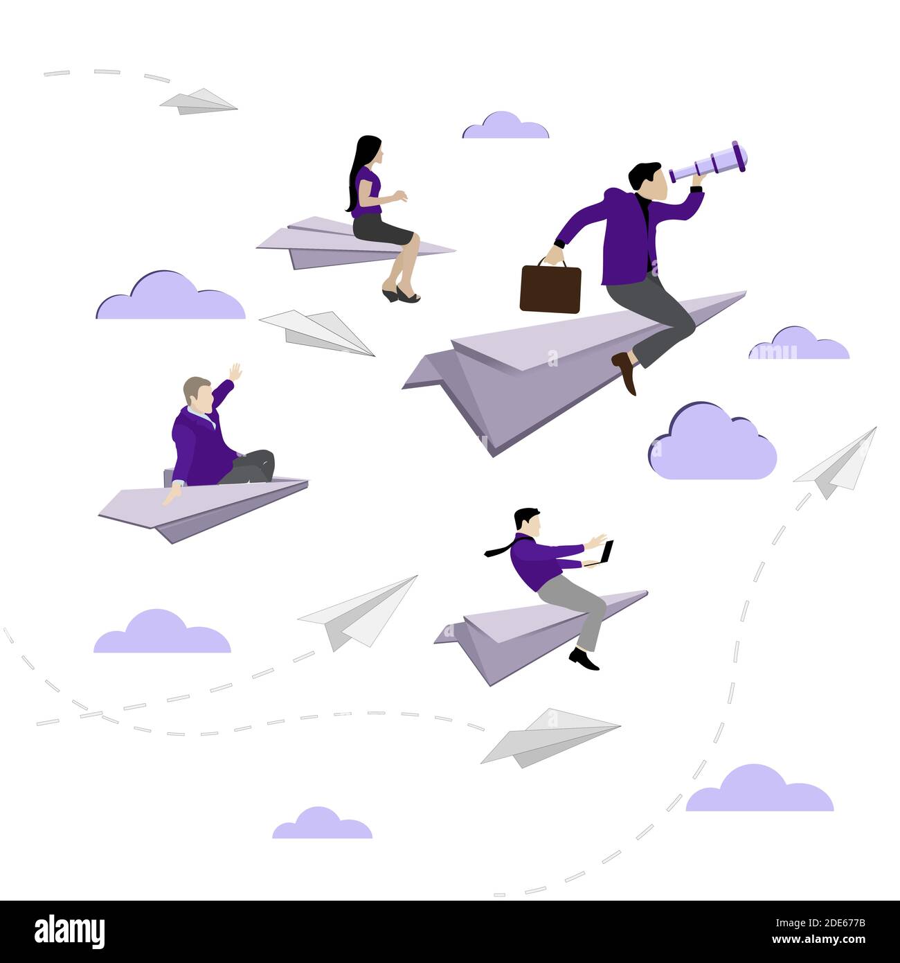 Team aziendale che vola su un piano cartaceo. Persone sicure su aeroplano cartaceo, visione di leadership, ricerca di gestione, manager seguire a professionisti, vect Illustrazione Vettoriale