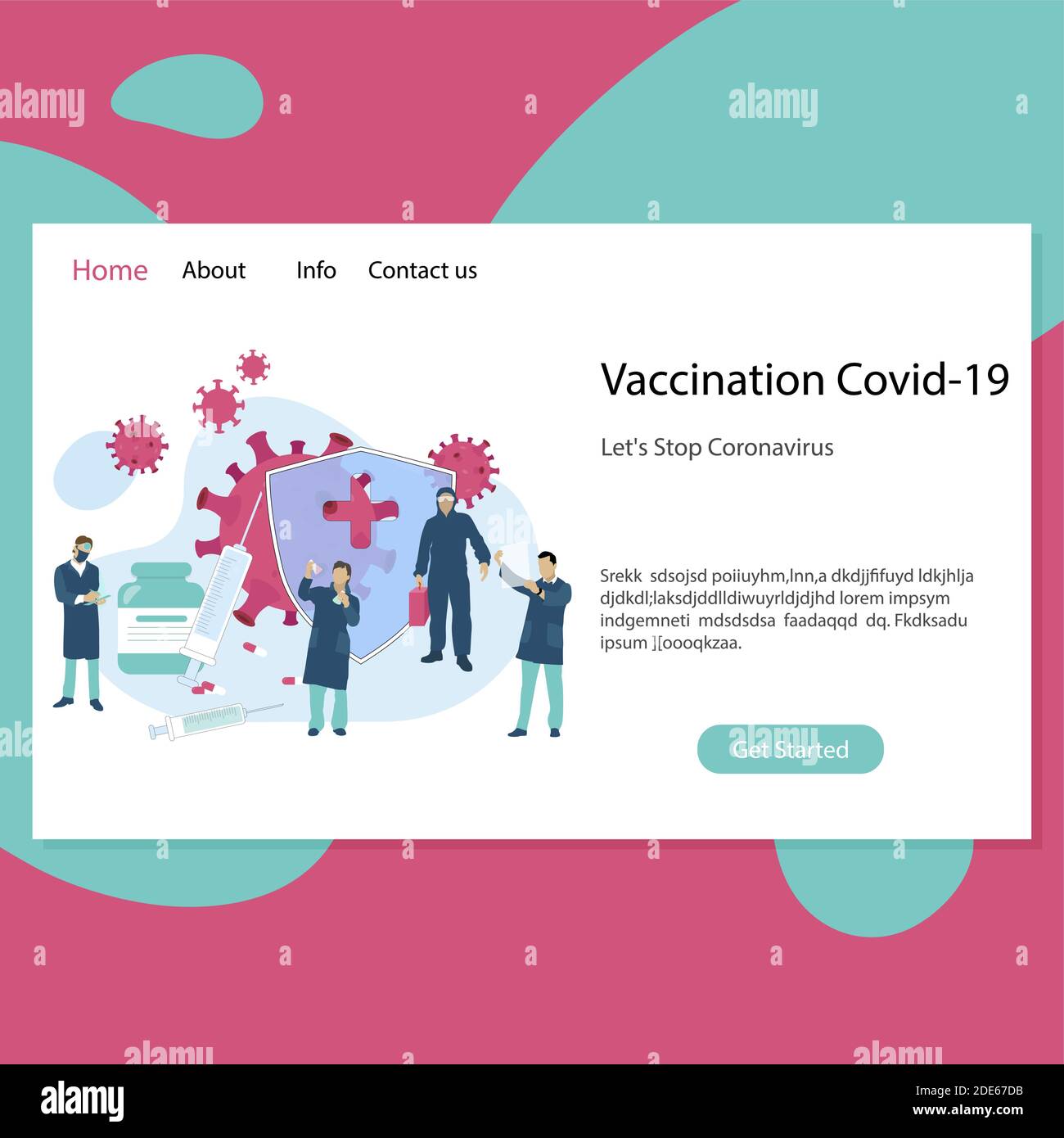 Pagina di destinazione di vaccinazioni covid-19. Immunizzazione e prevenzione di covid-19, vaccino a siringa, immunizzazione, rischio di rischio biologico infetto, vaccinazione ncov. VEC Illustrazione Vettoriale