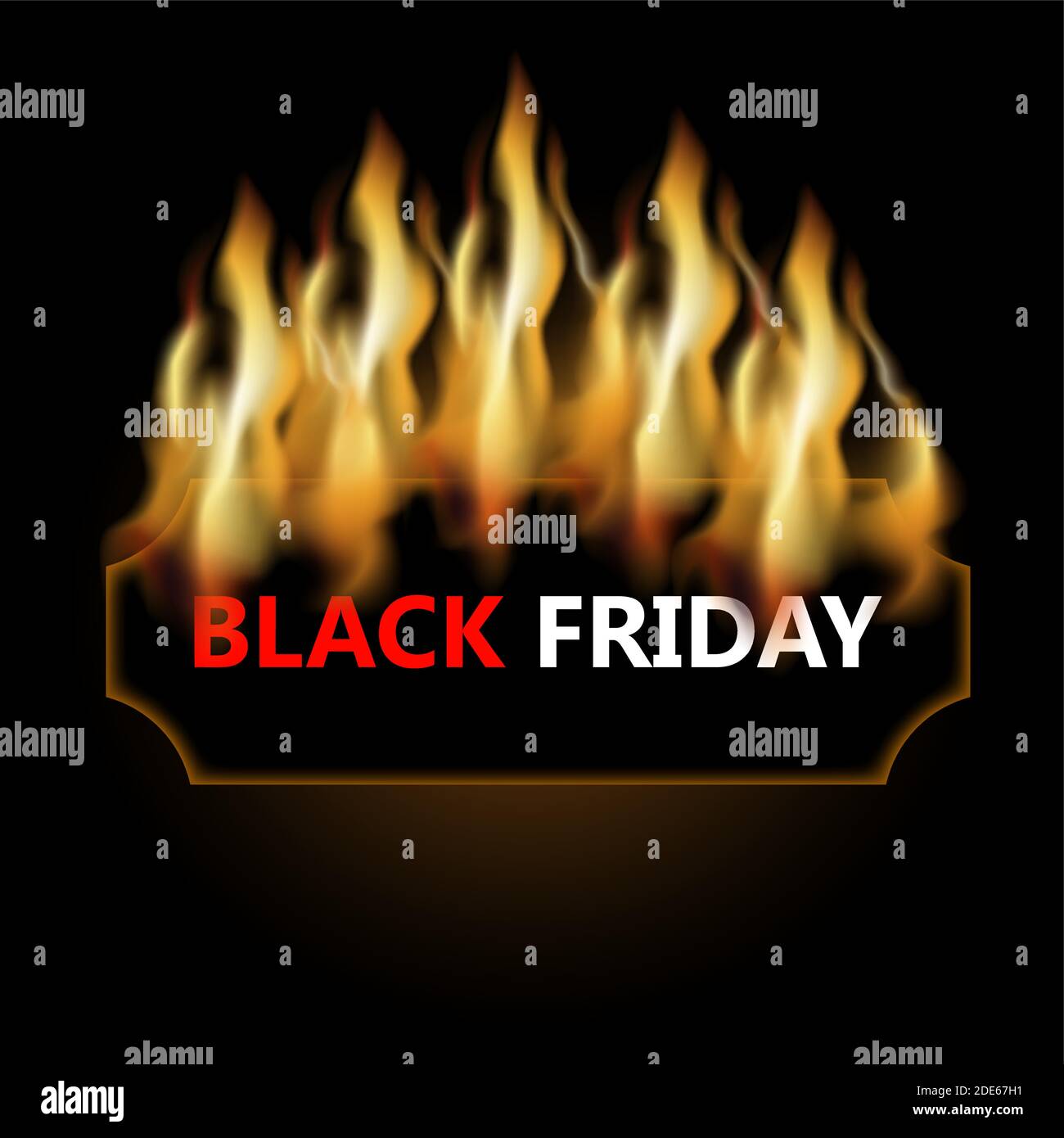 Badge Black friday in Flame. Shopping tag per la vendita, sconto vendita in fuoco, etichetta offerta speciale caldo, prezzo bruciare merce, illustrazione vettoriale Illustrazione Vettoriale
