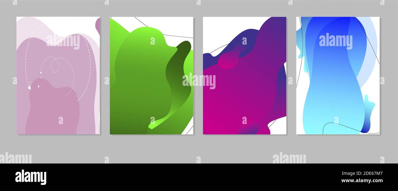 Collezione di poster acquerelli fluidi. Grafica vettoriale a flusso colorante, effetto artistico creativo, modello grafico a gradiente colorato sullo sfondo, dra acrilico Illustrazione Vettoriale