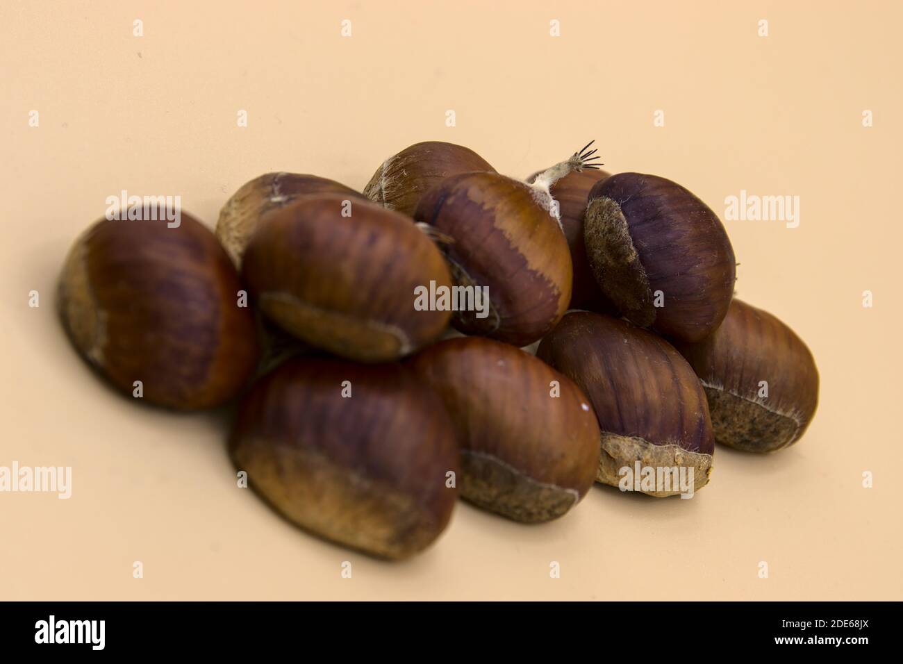 In primo piano su sfondo bianco un gruppo di castagne. La base della cucina autunnale. Foto Stock