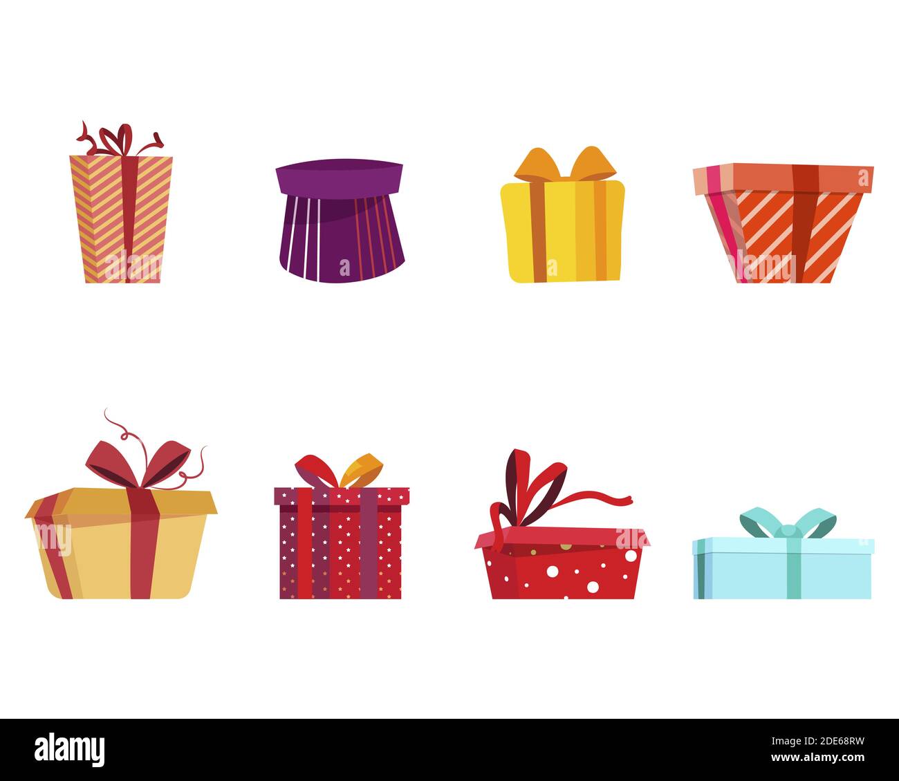 Set regalo a colori piatti con scatola colorata. Set con scatola regalo colorata su sfondo bianco. Modello di icona. Sfondo bianco. Design isolato. Xmas presente c Illustrazione Vettoriale