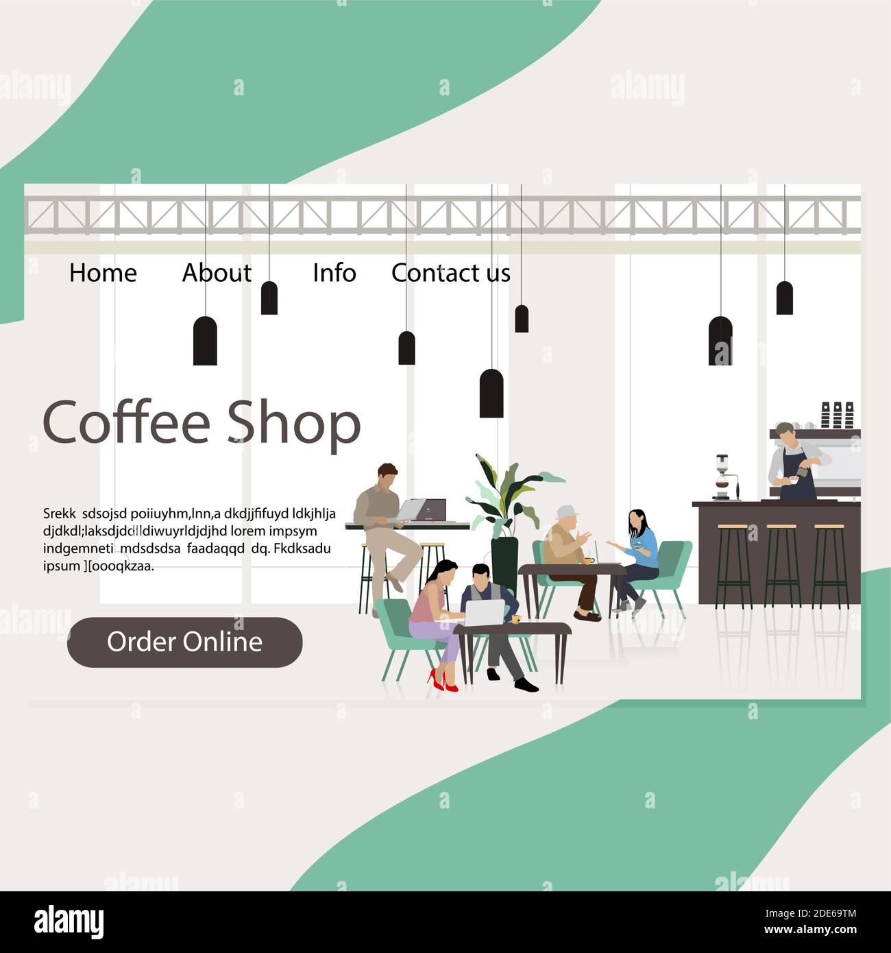 Landing page della caffetteria, interno della caffetteria con conversazione e colleghi dei clienti. Interno della caffetteria, spazio di codorking della comunità, casa di mensa Illustrazione Vettoriale