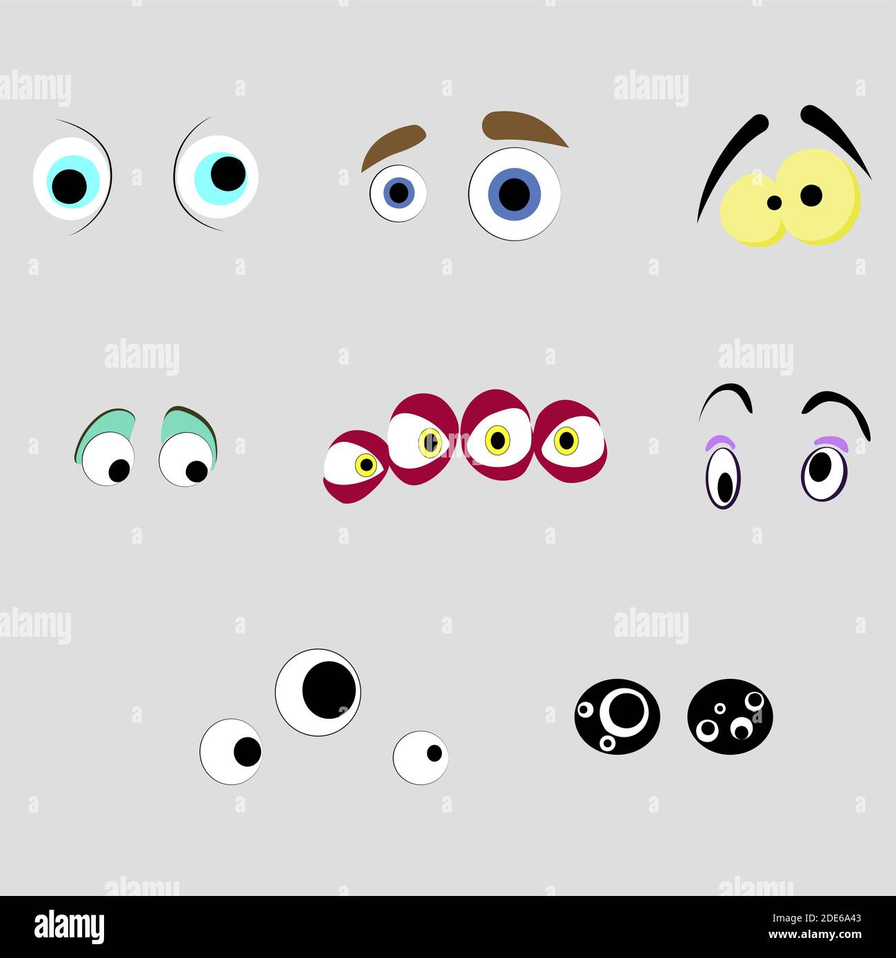 Mostri occhi di set, cartone animato aliens vista. Guarda espressione pazza e pazzo, demone comico vista, paura freaky, guardare premuroso, illustrazione vettoriale Illustrazione Vettoriale