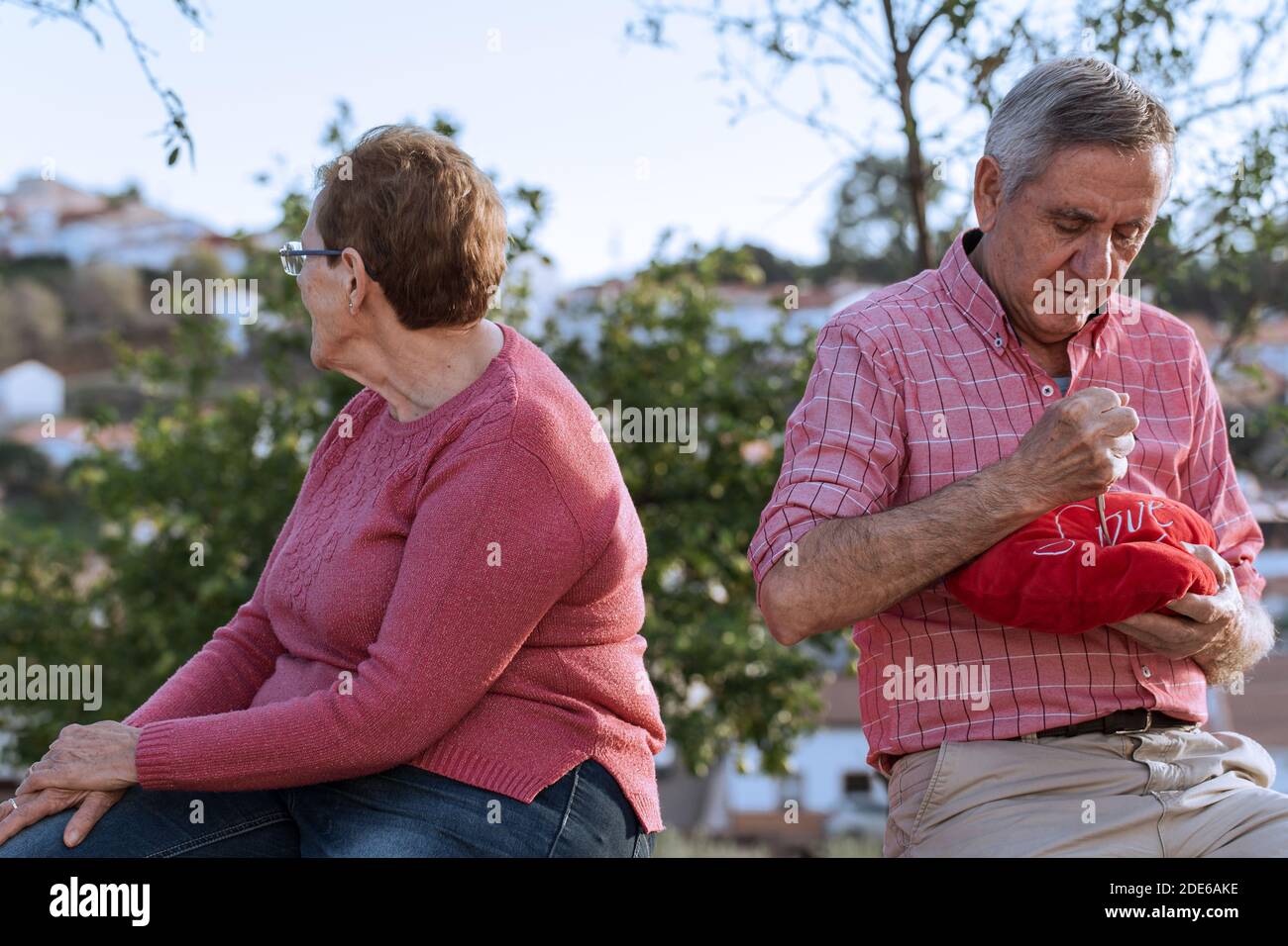 Matrimonio e relazione problema concetto con infelice anziana coppia avere conflitto e non parlare l'uno con l'altro mentre si siede giardino verde Foto Stock