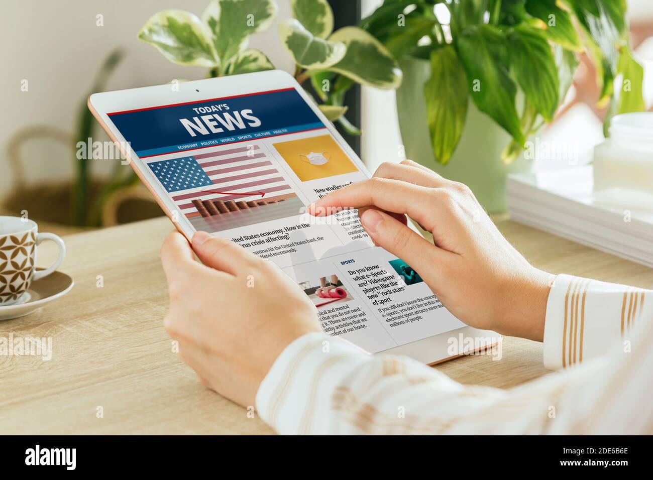 Foto di borsa di una donna che legge notizie su un giornale online con il suo tablet in soggiorno. Tutti i contenuti sono composti Foto Stock