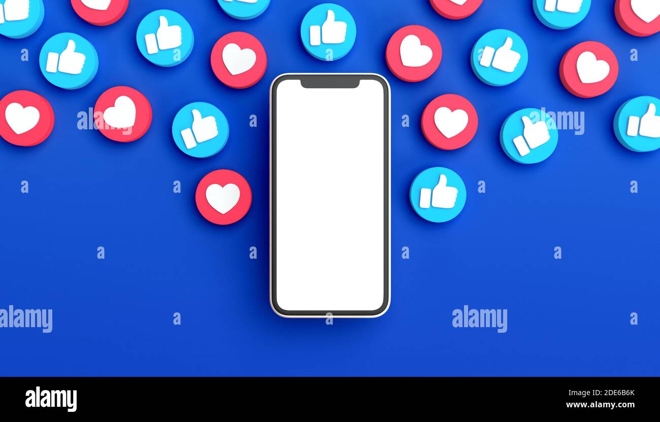 Facebook postare mockup con il telefono su uno sfondo blu circondato da notifiche simili. Rendering 3D. Schermo bianco Foto Stock