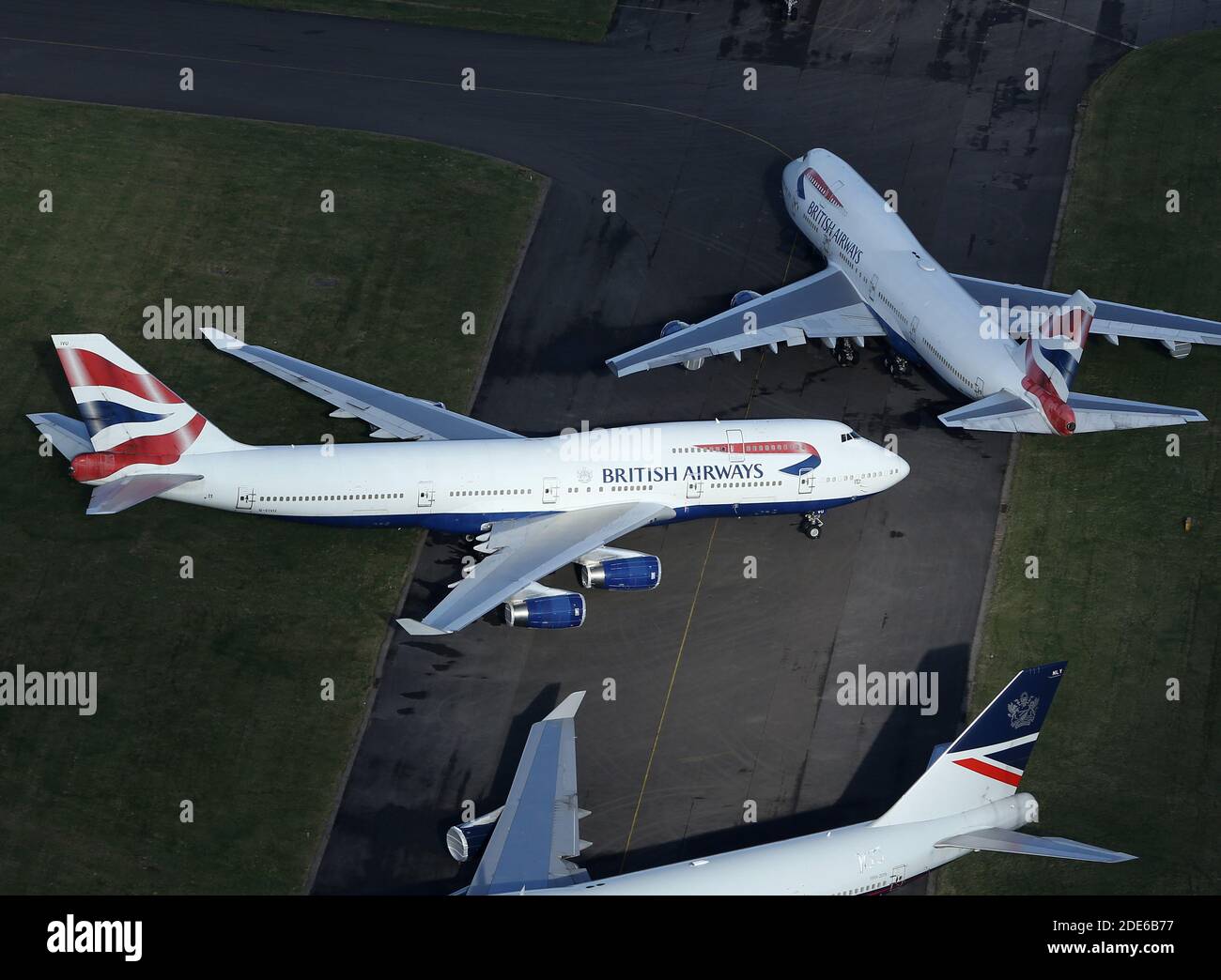 Vista aerea della British Airways Boeing 747 Jumbo Jets all'aeroporto di Cardiff, Galles. Foto Stock
