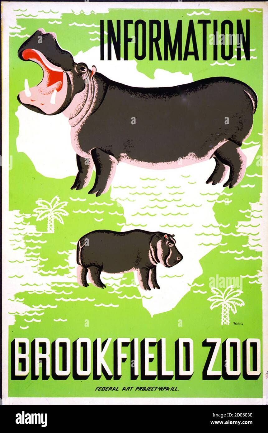 Poster per la Zoo Brookfield, mostrando ippopotami sovrapposto al contorno dell'Africa. Foto Stock