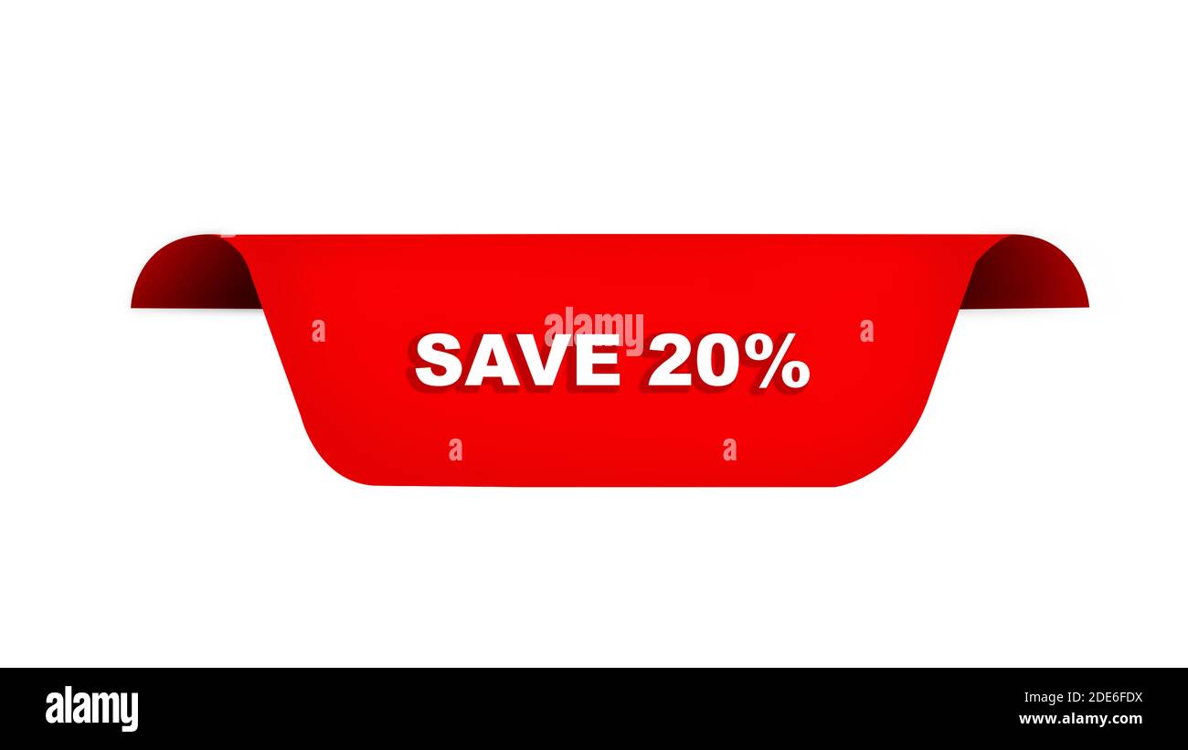 banner web con nastro rosso per risparmiare il 20% di testo 3d Foto Stock