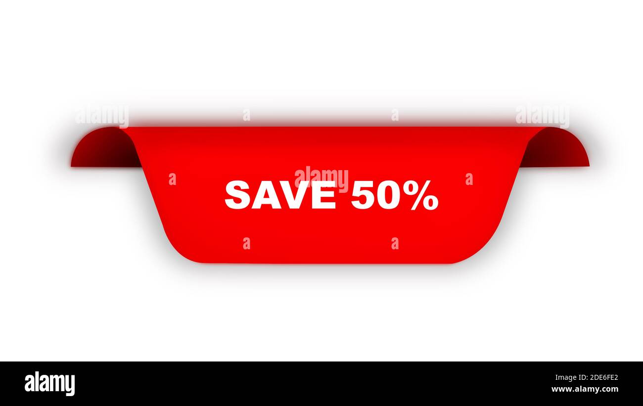 banner web a nastro rosso per risparmiare il 50% del testo Foto Stock