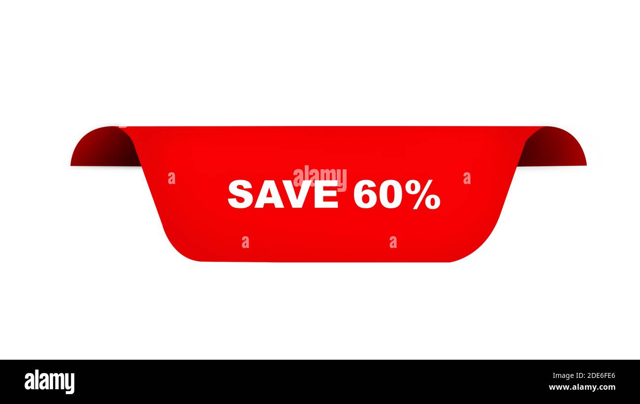 banner web a nastro rosso per risparmiare il 60% del testo Foto Stock