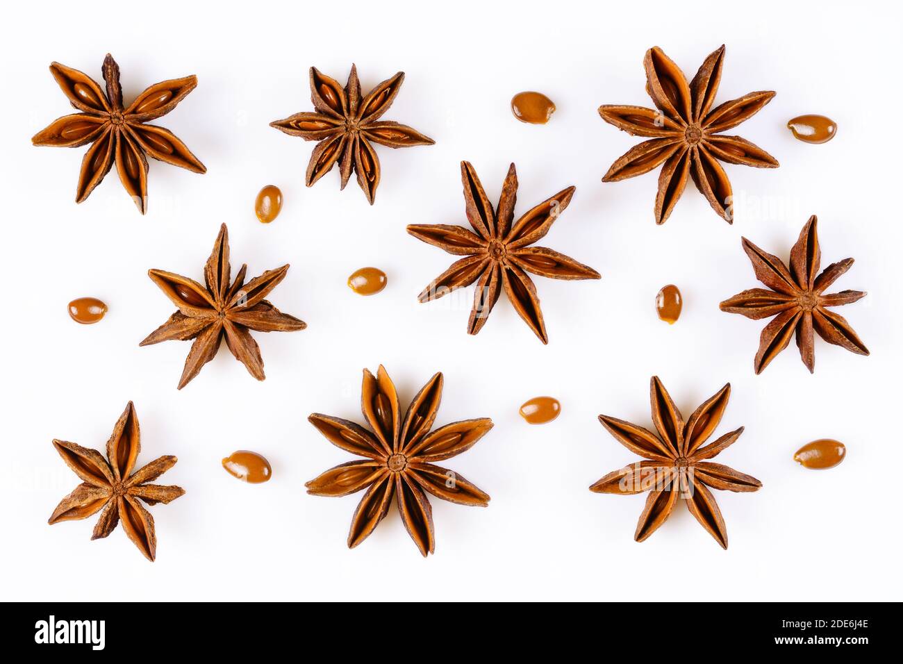 Stella anice. Alcuni frutti di anice stellato con i semi. Primo piano su sfondo bianco con ombre, vista piatta delle spezie cinesi badiane o del verum Illicium. Foto Stock