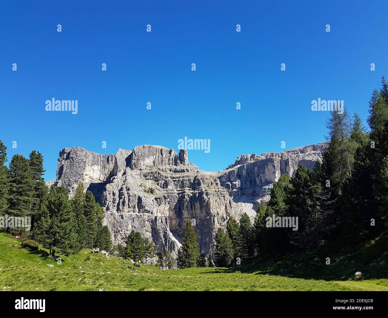 Tirolo verde prato valle di fronte alla grande catena montuosa. Montagne delle alpi Foto Stock