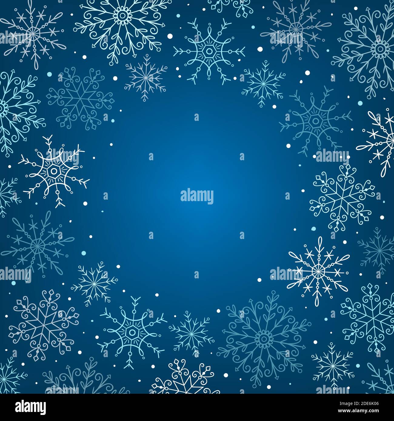 Telaio fiocchi di neve disegnati a mano. Fiocchi di neve isolati su sfondo blu. Perfetto per i design delle carte invernali. Illustrazione vettoriale. Illustrazione Vettoriale