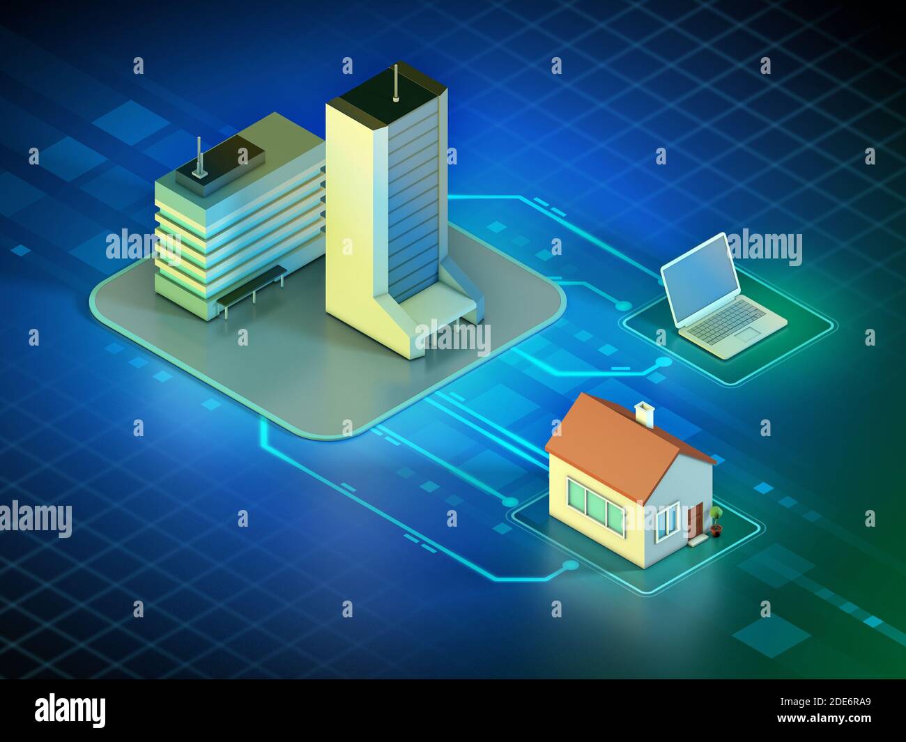 Lavorare da casa o da altri luoghi utilizzando dispositivi digitali. Illustrazione 3D. Foto Stock