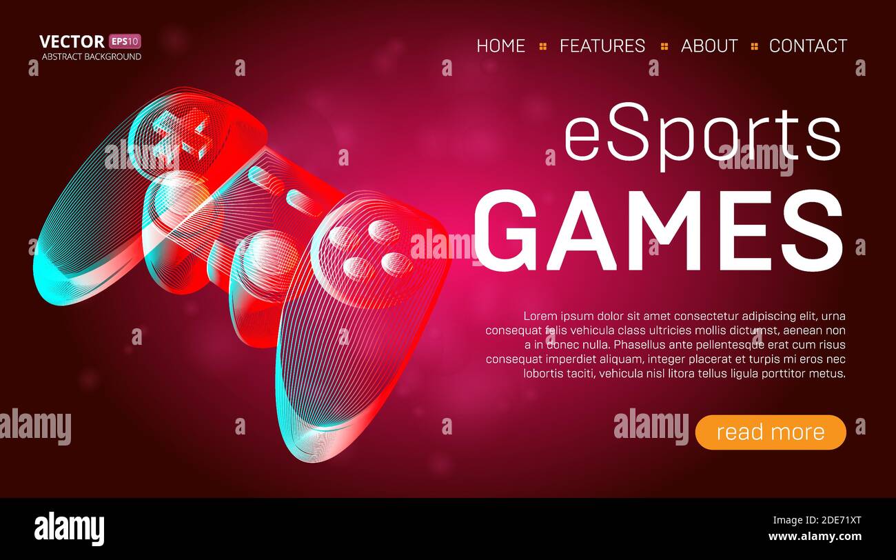 Modello della pagina di destinazione dei giochi eSports con un banner controller per console di gioco retrò o gamepad. Illustrazione vettoriale del gioco video wireless joystick Illustrazione Vettoriale