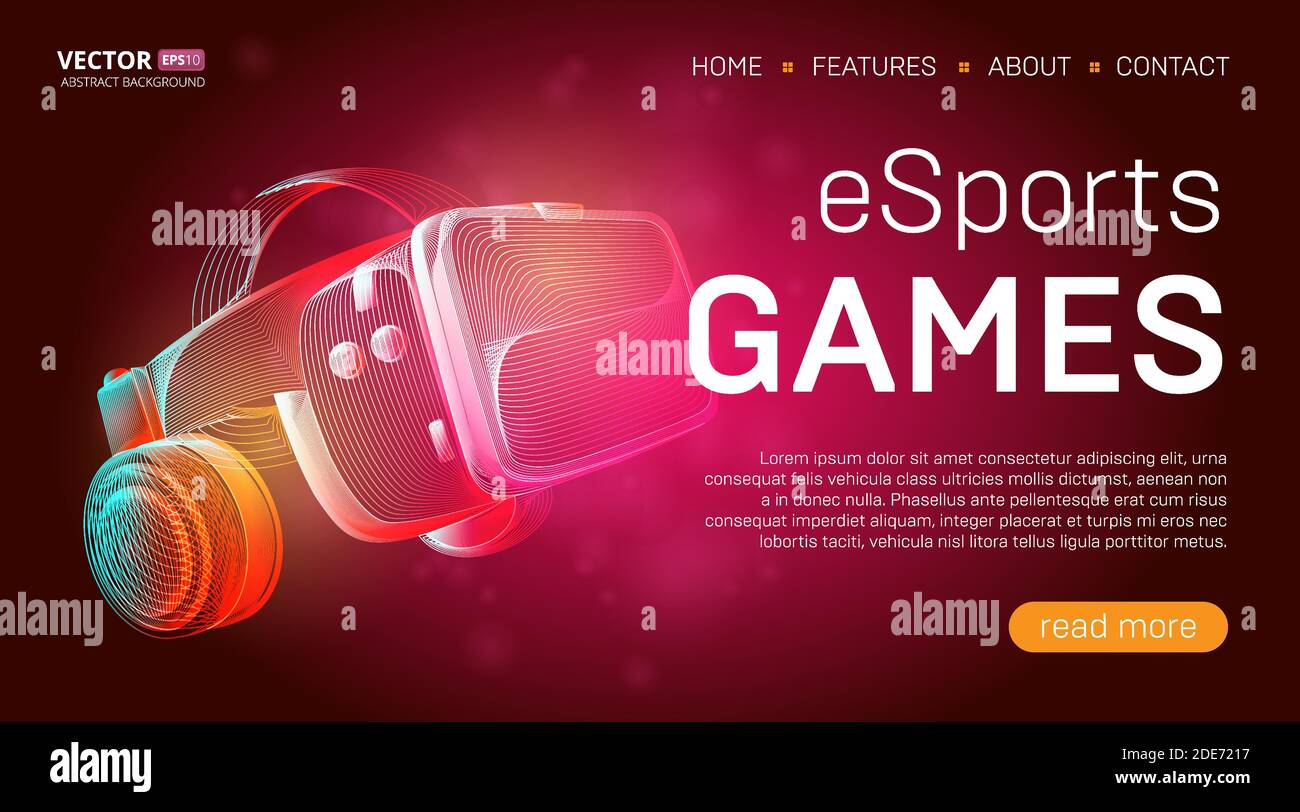 Modello della landing page dei giochi eSports con un visore per la realtà virtuale con occhiali e cuffie o un design con banner per casco VR. Illustrazione vettoriale del contorno Illustrazione Vettoriale