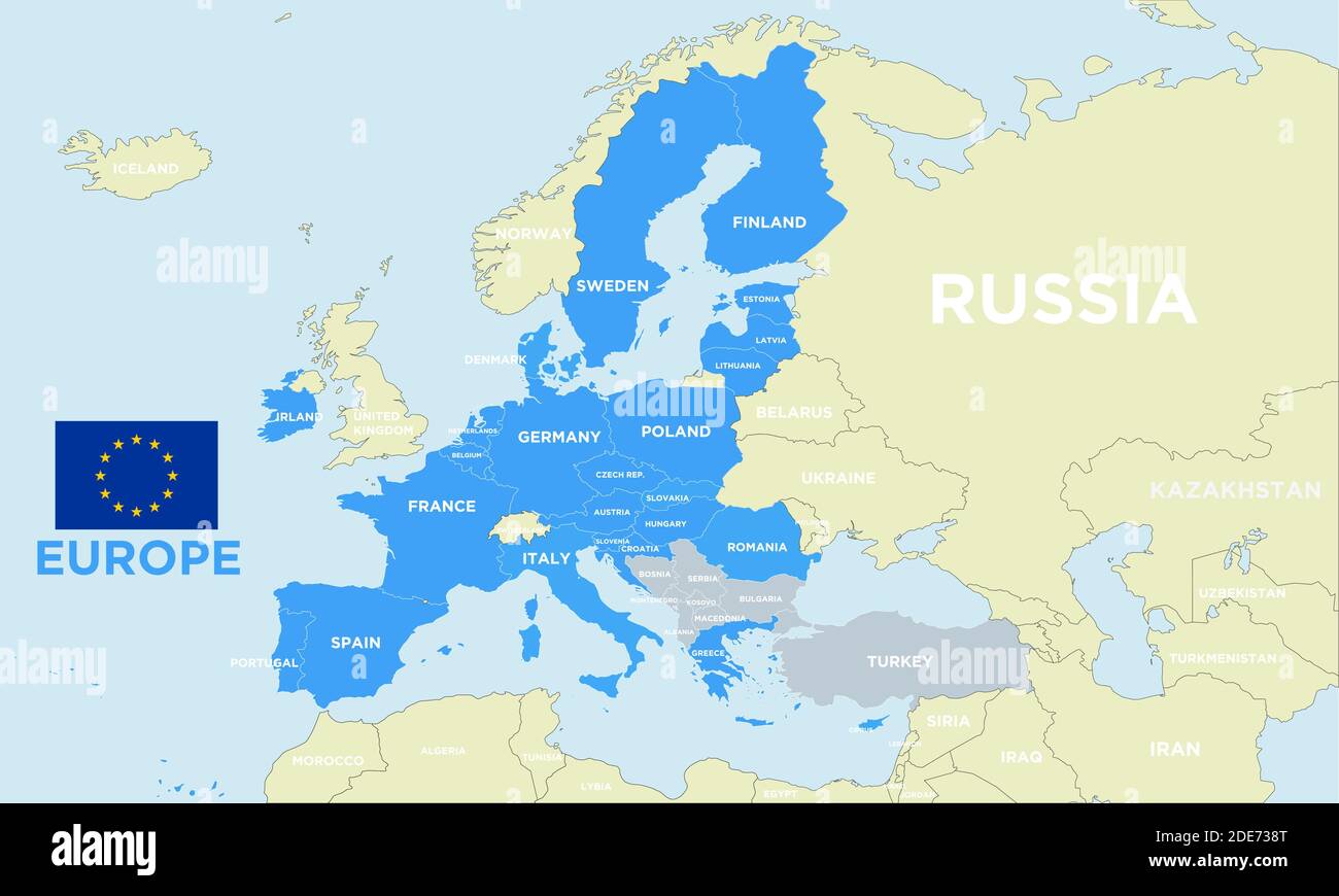 Mappa geopolitica vettoriale dell’Europa, con confini, aggiornata al 2021 dopo la brexit, con livelli separati, e bandiera della comunità europea. Illustrazione Vettoriale