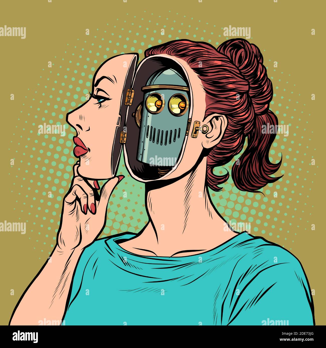 Una donna androide finge di essere un essere umano, ma dentro di lei è un robot Illustrazione Vettoriale