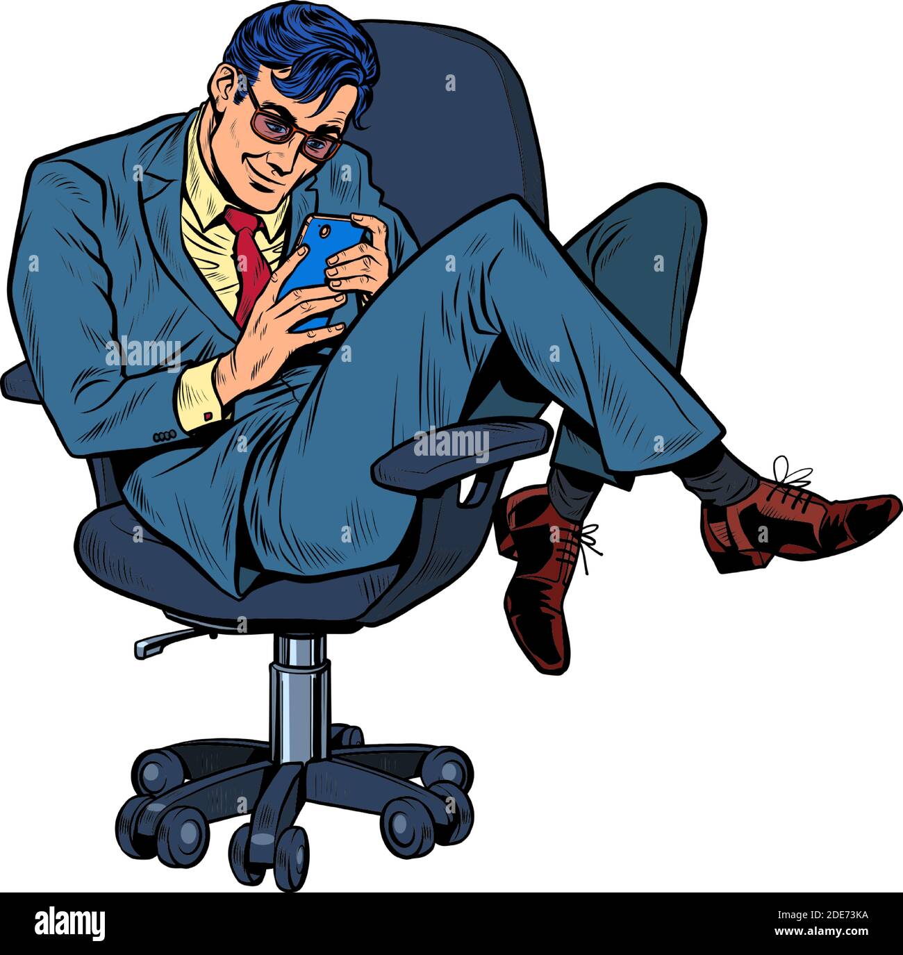 Uomo d'affari su una sedia da ufficio che guarda uno smartphone Illustrazione Vettoriale