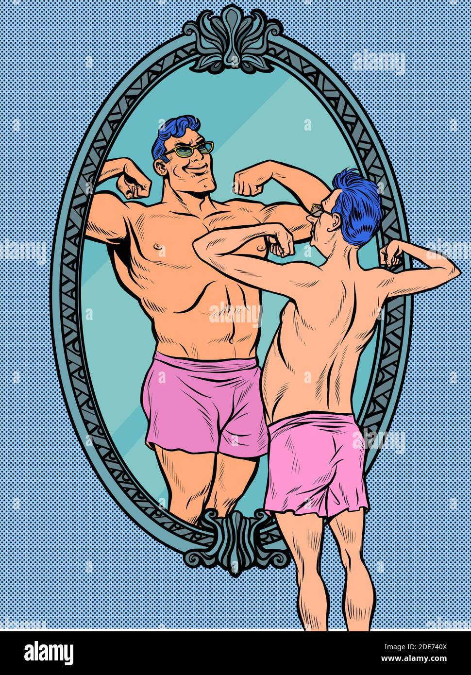 Un uomo davanti a uno specchio si immagina muscolare Illustrazione Vettoriale