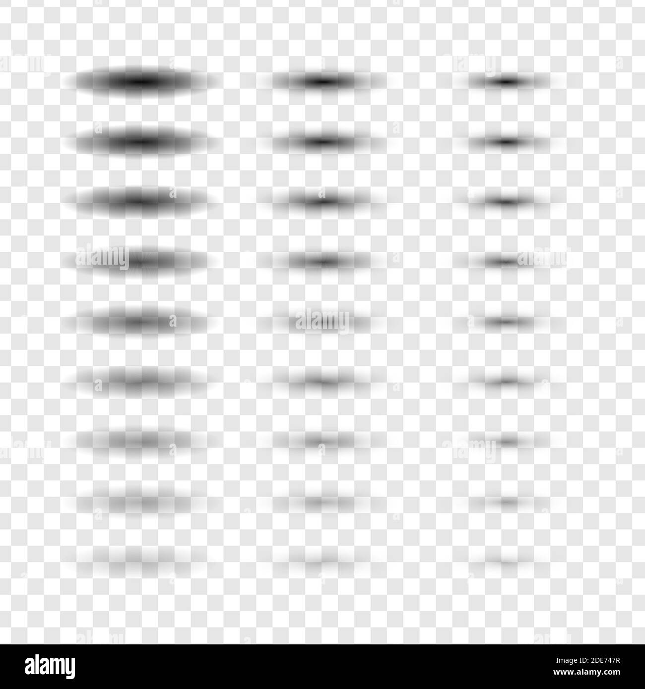 Set di ombre ovali vettoriali. Effetto trasparente e sfumato con bordo morbido isolato su sfondo di controllo. Illustrazione Vettoriale