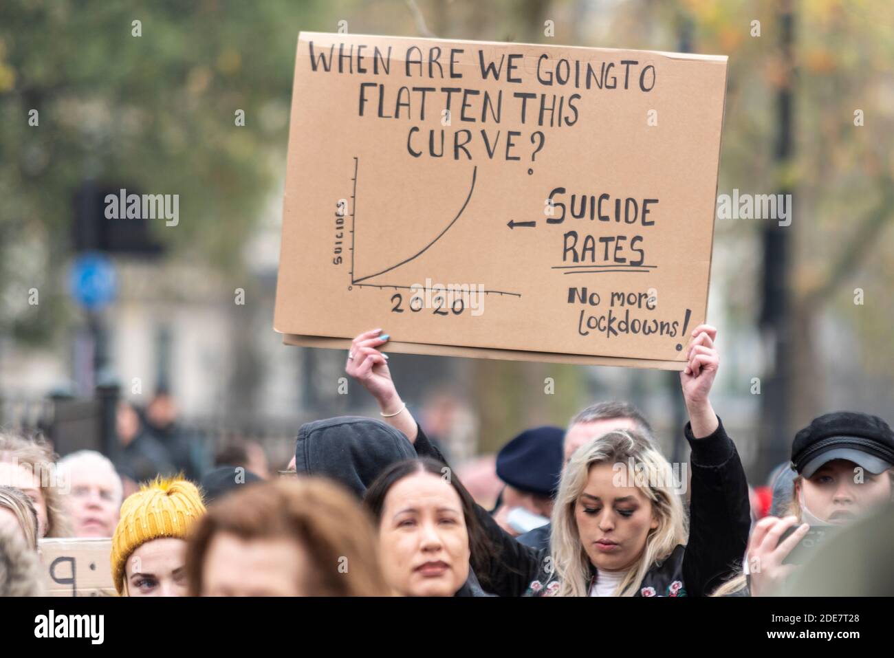 Cartello che illustra il tasso di suicidio durante il blocco a una COVID 19 Coronavirus anti blocco marcia protesta a Londra, Regno Unito. Appiattire la curva Foto Stock