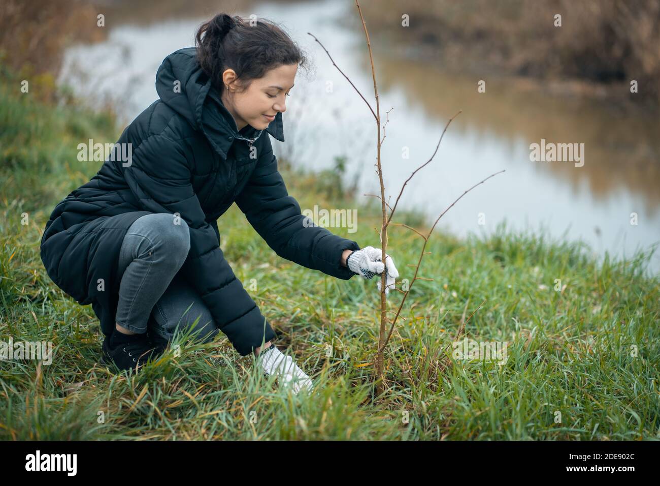 giovane femmina che piantano piantine di semina nel parco per preservare l'ambiente Foto Stock