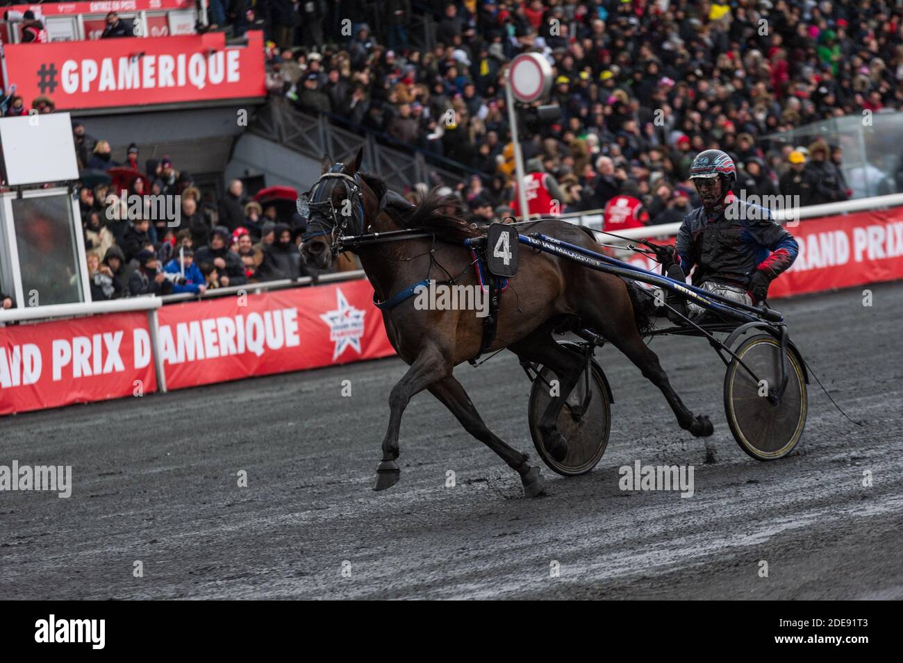 Annex gare nel giorno del Gran Premio d'Amerique, Ippodromo di Parigi, JM Bazire vince la gara principale, guidando Belina Josselyn, UN Abrivard in vista superbo è 2 ° e B Goop su Readly Express è 3 °, Vincennes, Francia, 27 gennaio 2019. Foto di Daniel Derajinski/ABACAPRESS.COM Foto Stock