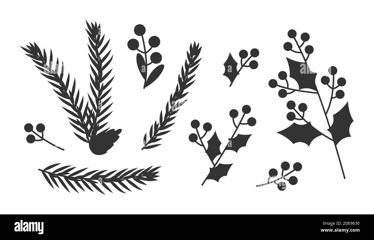Set di rami natalizi con coni di pino, bacche, foglie. Silhouette nere elementi floreali invernali. Tradizionale simbolo vacanza di Capodanno. Modelli mistletoe. Isolato su illustrazione vettoriale bianca Illustrazione Vettoriale