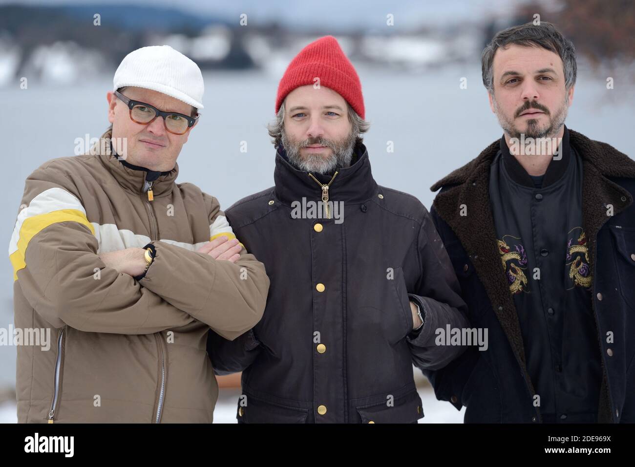 I membri del gruppo musicale 'Zombie zombie', Etienne Jaumet, Dr Schonberg e Neman Herman Dune aka Cosmic Neman, partecipano ad una fotocellula durante il 26° Festival del Cinema di Gerardmer, in Francia, il 02 febbraio 2019. Foto di Aurore Marechal/ABACAPRESS.COM Foto Stock