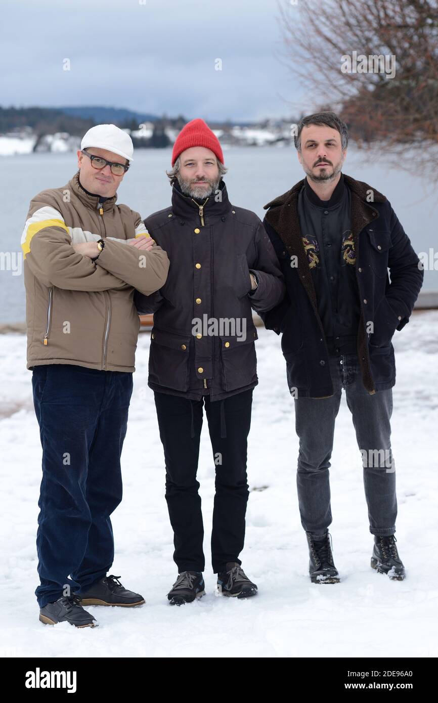 I membri del gruppo musicale 'Zombie zombie', Etienne Jaumet, Dr Schonberg e Neman Herman Dune aka Cosmic Neman, partecipano ad una fotocellula durante il 26° Festival del Cinema di Gerardmer, in Francia, il 02 febbraio 2019. Foto di Aurore Marechal/ABACAPRESS.COM Foto Stock