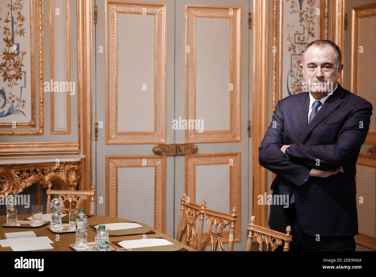 Il ministro francese dell'Agricoltura Didier Guillaume, durante un incontro con il presidente del coordinamento rurale presso il Palazzo Elysee a Parigi, in Francia, il 11 febbraio 2019, nell'ambito del "Grande dibattito nazionale" ("Grand Debat National" in francese). Il presidente francese ha chiesto un dibattito di due mesi come parte della sua risposta alle proteste della giubbotto giallo, scatenata dalla rabbia per gli elevati costi della vita. Foto di Hamilton/pool/ABACAPRESS.COM Foto Stock
