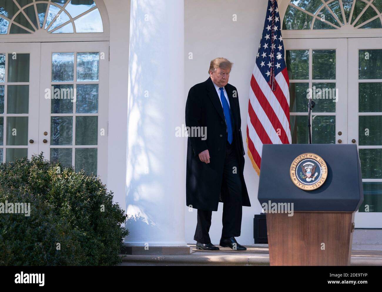 15 gennaio 2019 - Washington, DC, Stati Uniti: Il presidente degli Stati Uniti Donald J. Trump arriva per dichiarare un'emergenza nazionale sul confine meridionale e la necessità di sicurezza alle frontiere. Chris Kleponis/piscina/ABACAPRESS.COM Foto Stock