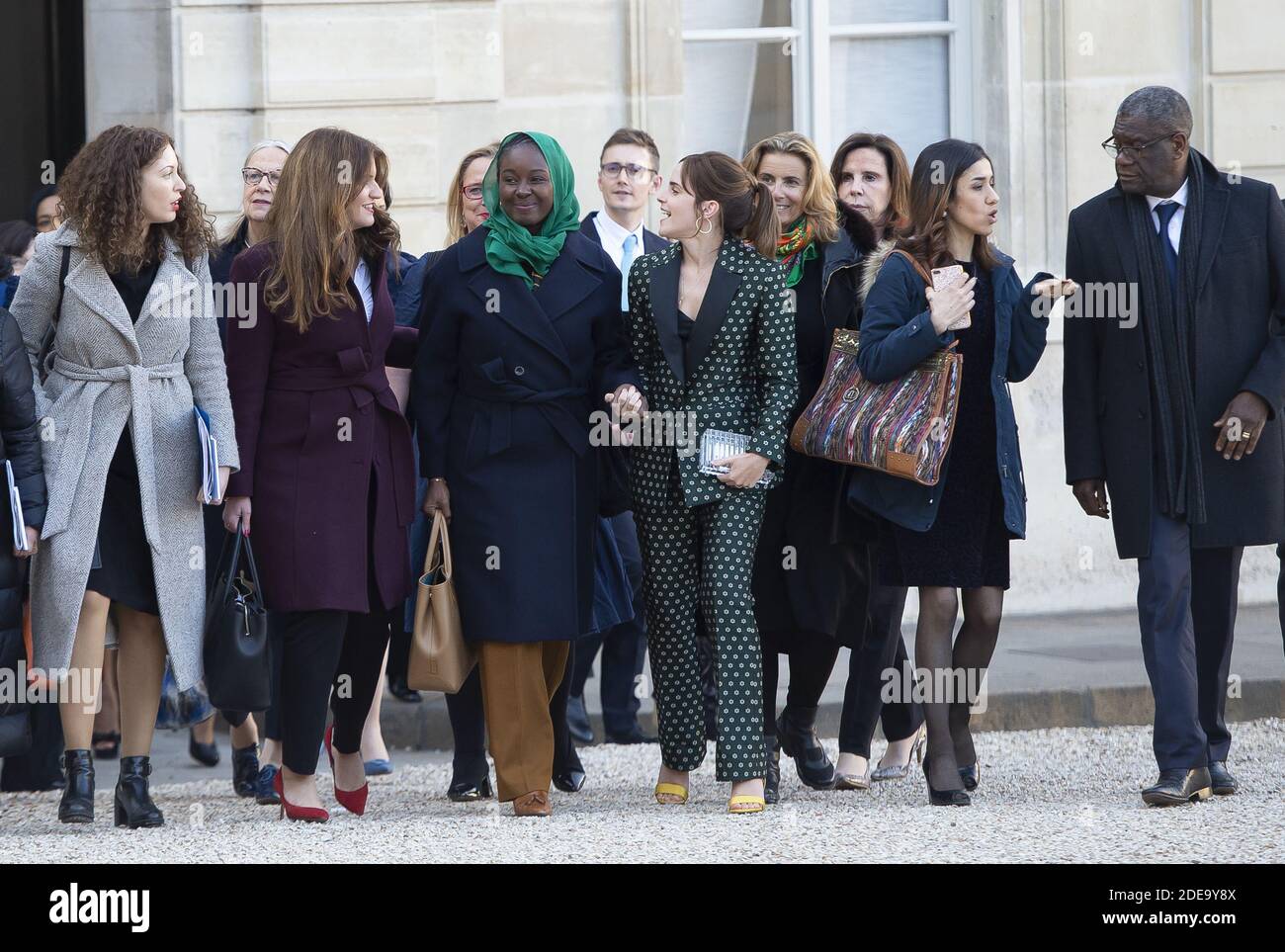 (Da L-R) Vice-sindaco responsabile della parità e dei diritti delle donne in Fontenays-sous-Bois Assia Benziane, ministro francese junior presso il primo ministro incaricato della parità di genere Marlene Schiappa, Aïssata Lam, attrice Emma Watson, Premio Nobel per la pace 2018 il dottor Congolese Denis Mukwege e il premio Nobel per la pace di Yezidi Nadia Murad arrivano al palazzo elysee per il Consiglio consultivo delle donne per l'uguaglianza a Parigi, Francia, il 19 febbraio 2019. Foto di Eliot Blondt/ABACAPRESS.COM Foto Stock