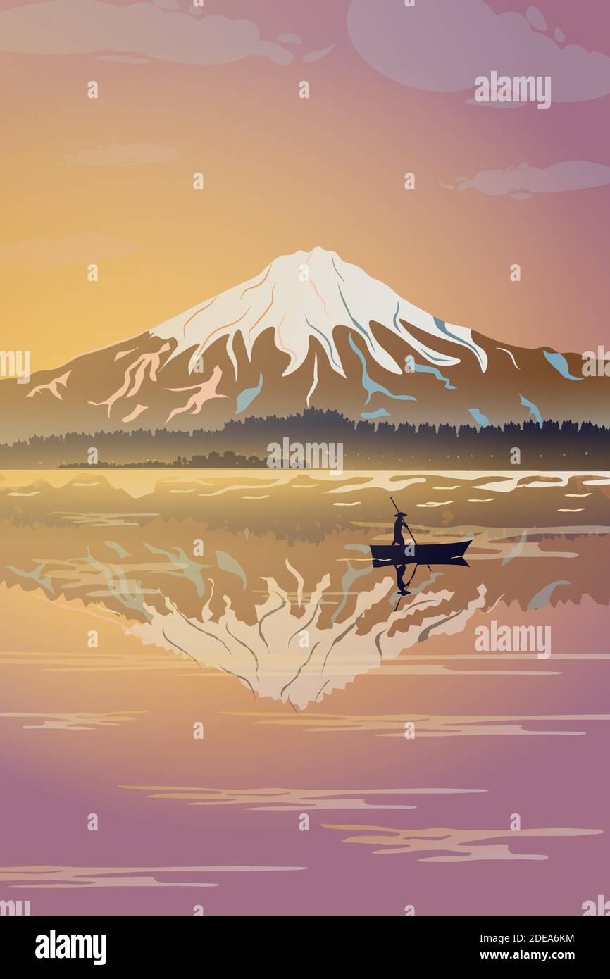 Una magnifica vista della montagna in tonalità rosa. Illustrazione Vettoriale