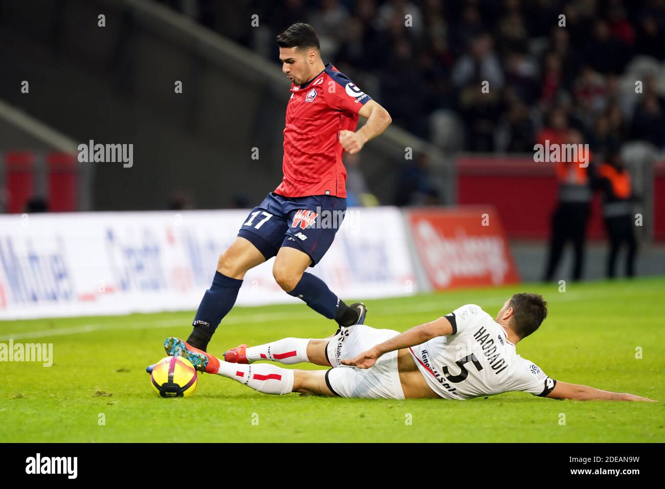 Zeki Celic, Oussama Haddadi durante la partita di calcio francese L1 tra Lille e Digione allo stadio Pierre-Mauroy di Villeneuve d'Ascq, vicino a Lille, Francia settentrionale, il 3 marzo 2019. Foto di Sylvain Lefevre/ABACAPRESS.COM Foto Stock