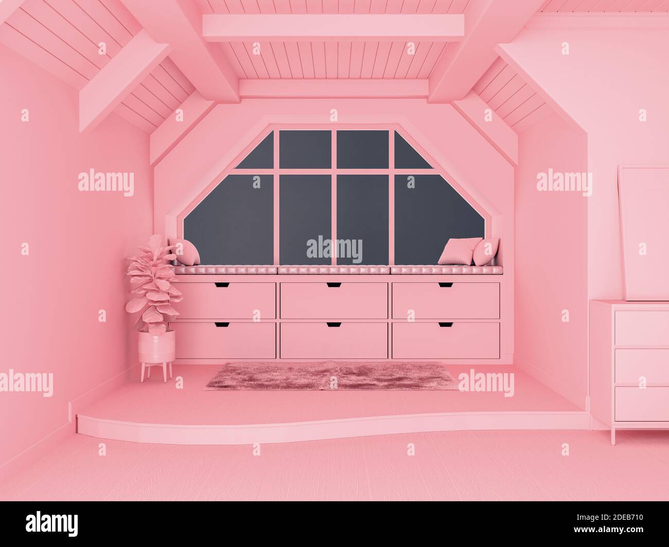 Interni monotono color rosa pastello con spazio aperto e pavimento a due livelli, rendering 3d Foto Stock