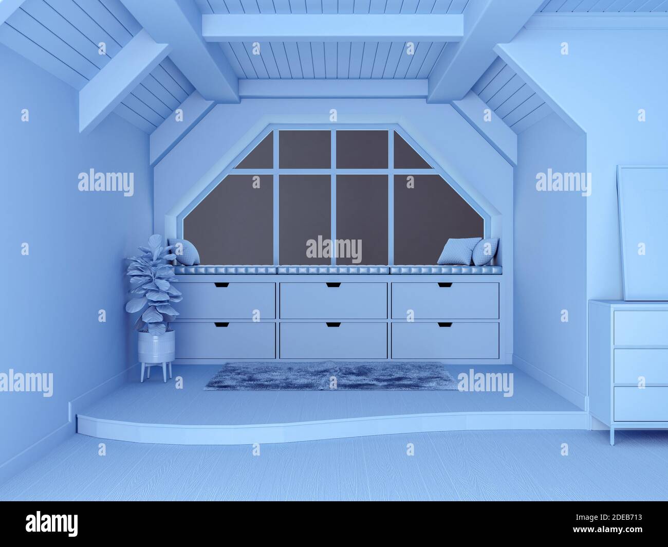 Interni in stile soggiorno monotono blu con spazio aperto e pavimento a due livelli, rendering 3d Foto Stock