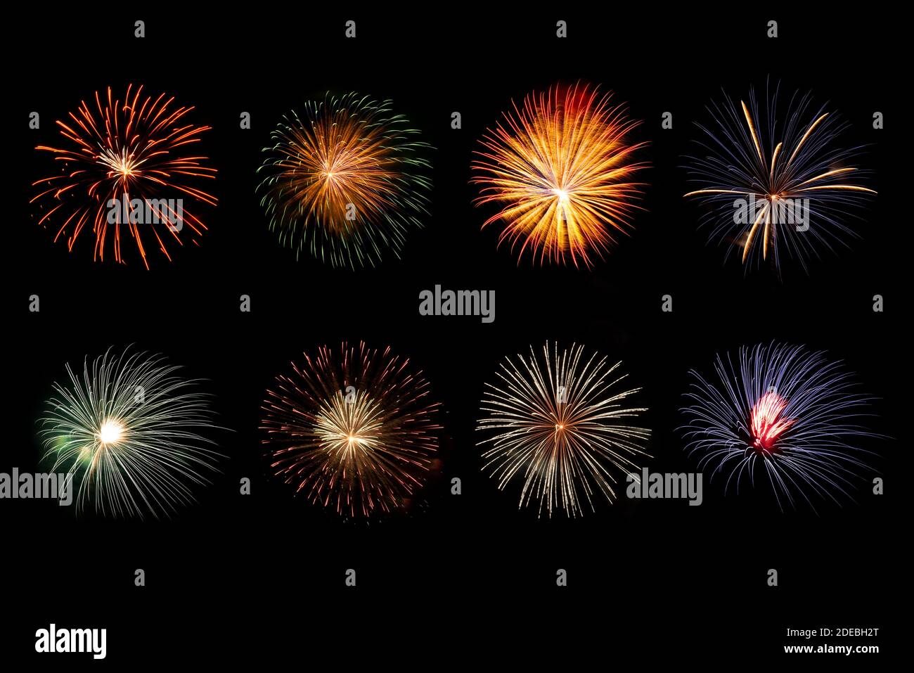 Set di vari splendidi fuochi d'artificio scintillanti per le feste sfondo Foto Stock